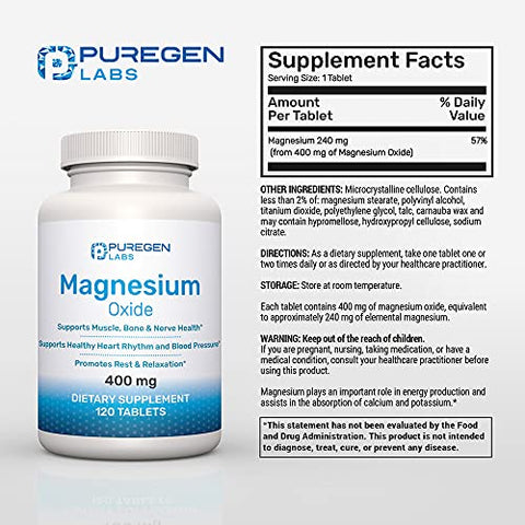 P Puregen Labs - Magnésio 400mg [Alta Potência] – Óxido de Magnésio para Suporte Imunológico, Recuperação Muscular, Cãibras nas Pernas, Relaxamento – 3 Pacotes | Total de 360 Cápsulas
