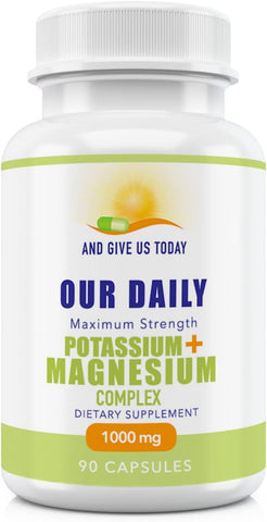 AND GIVE US TODAY OUR DAILY - Suplemento de Potássio e Magnésio 1000 mg – Potente Suplemento de Potássio e Magnésio com 5 Formas de Magnésio para Recuperação Muscular, Cãibras nas Pernas, Sem Glúten e Não-OGM