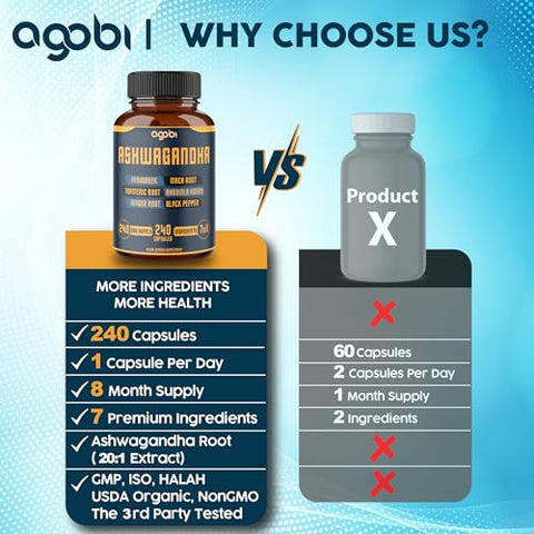 agobi - Ashwagandha 8050mg – 240 Cápsulas – 8 Meses de Fornecimento – 7 em 1 com Fenugreek, Maca, Cúrcuma, Rhodiola, Gengibre e Pimenta Preta – Suporte para Humor, Força, Espírito e Energia