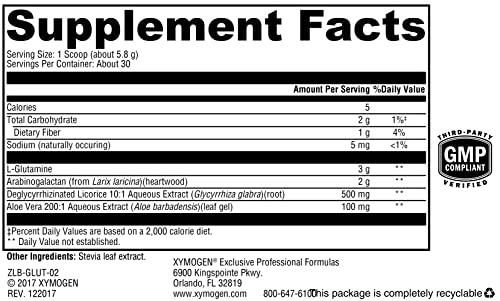 GlutAloeMine em Pó – Suporte para a Saúde Intestinal – 3000 mg de Glutamina em Pó com Alcaçuz Deglicirrizinado DGL, Extrato de Aloe Vera, Arabinogalactano para a Saúde do Trato Gastrointestinal (173 g) - XYMOGEN