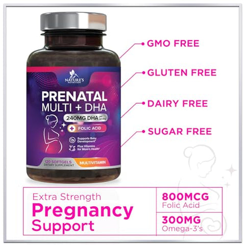 Nature's Nutrition - Multivitamínico Pré-Natal para Mulheres com Ácido Fólico DHA, Suplemento Vitamínico Pré-Natal para Suporte Fetal com Folato, Ômega 3, Vitaminas D3, B6, B12