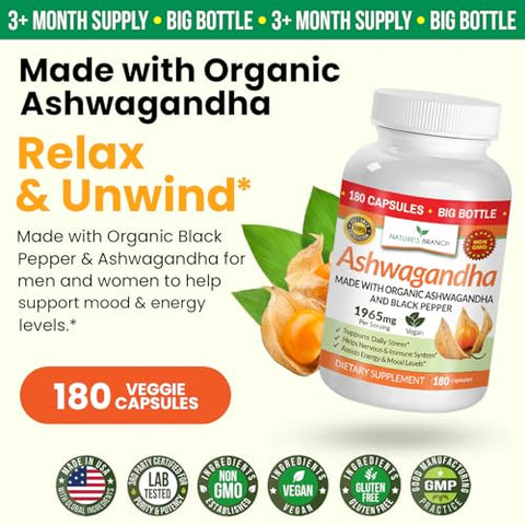 Nature's Branch - Ashwagandha Orgânica Certificada UDAF com Pimenta Preta – 180 Cápsulas – 1965mg Extra Forte para Estresse, Sono, Humor, Tireoide, Concentração, Cabelo, Extrato Puro de Raiz Vegano – Homens