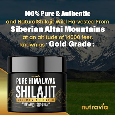 Nutravia - Shilajit Puro Himalaia Orgânico – Fórmula Natural Autêntica Testada em Laboratório para Homens e Mulheres – Sem Metais Pesados – Força Máxima de 600mg com 85 Minerais Traços – Grau Dourado Shilajit