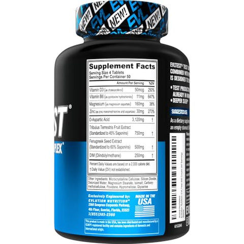 Evlution - EVL Testosterone Booster for Men – Suporte pós-treino para recuperação de testosterona com DIM Plus D Aspartic Acid e Fenugreek e Tribulus – EVLTest para Homens Pós