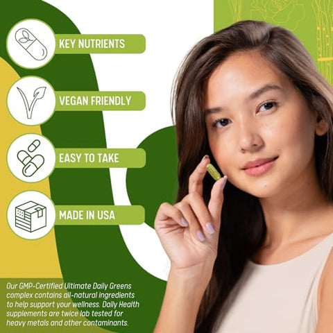 Daily Health - Ultimate Greens com MSM 1925mg – Ingredientes Naturais Veganos, Superalimento Vegetal Nutricional Alcalinizante para Suporte Imunológico e Energético – 180 Cápsulas (1 Mês de Suprimento)