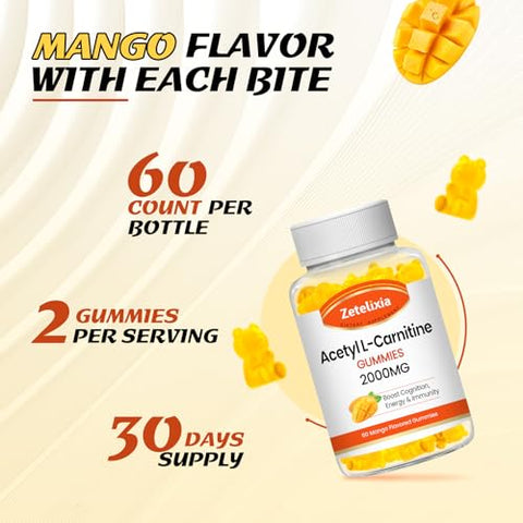 Zetelixia - Gomas de Acetil L-Carnitina 2000mg, Suplemento de L-Carnitina para Promover a Oxidação de Ácidos Graxos, Suplemento Nutricional para Aumentar a Energia e a Imunidade