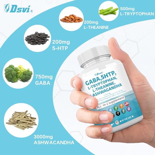 DSVI - 60 Cápsulas GABA 750mg 5 HTP 200mg L Triptofano 500mg L Teanina 200mg Ashwagandha 3000mg SAM-e L-Glicina Vitaminas de Suporte ao Humor para Mulheres e Homens com L-Tirosina Fabricado nos EUA