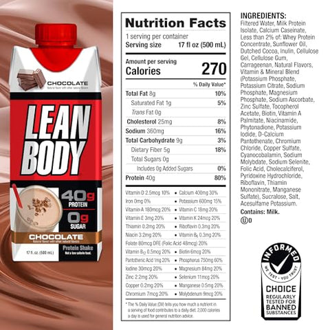Labrada - Lean Body Shake de Proteína de Chocolate Pronto para Beber, 40g de Proteína, Mistura de Whey, 0 Açúcar, Sem Glúten, 22 Vitaminas