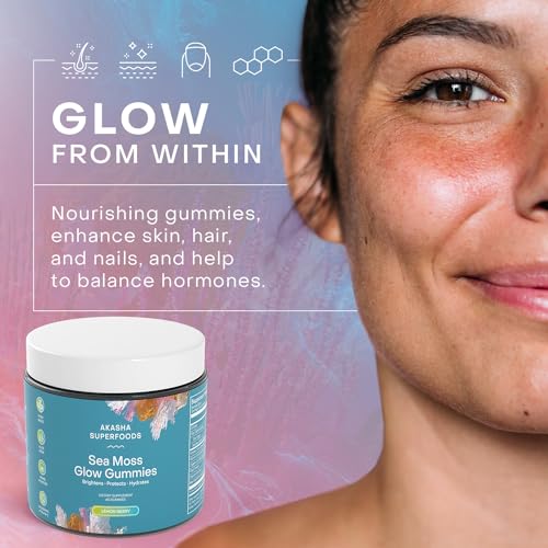 Akasha Superfoods - Sea Moss Glow Gummies – Vitaminas para Cabelo, Pele e Unhas com Seamoss, Pó de Pérola, Vitamina E, Aloe Vera, Vitamina C Lipossomal – Gomas de Sea Moss Irlandês para Mulheres