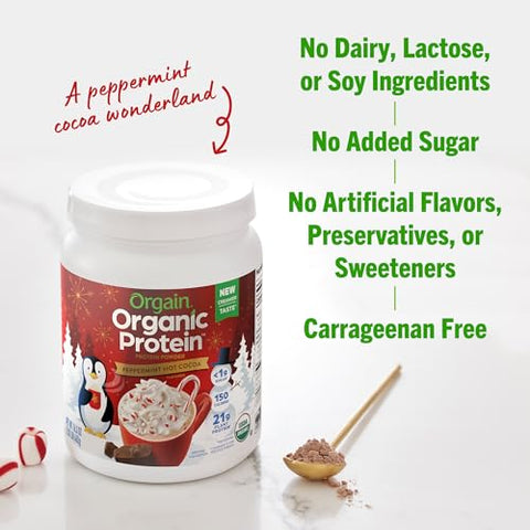 Proteína em Pó Vegana Orgânica, Sabor Cacau Quente de Hortelã-Pimenta – 21g de Proteína Vegetal, 5g de Fibra Prebiótica, Ingredientes sem Lactose, Não-OGM, Shakes - Orgain