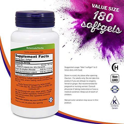 NOW Foods - Óleo de Orégano Now Foods (Mínimo 55% Carvacrol) – 181mg, 180 Softgels – Suplemento de Suporte Digestivo de Alta Potência, Promove a Saúde Intestinal, Antibiótico Natural – Kosher – 180 Porções