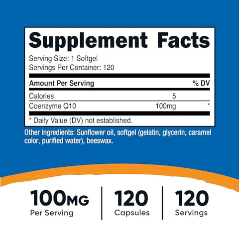 CoQ10 Softgels – 120 Porções de 100 mg de CoQ10 por Porção | Melhor Absorção, CoQ10 Ultra Puro – Livre de Glúten, Softgels Não-OGM - Nutricost