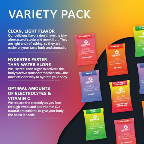 Pack com 15 Sticks de Pó Hidratante Rápido, Mistura de Bebida Eletrolítica, Vegano, Não-OGM, Vitamina C, Variedade de 5 Sabores - Tailwind Nutrition