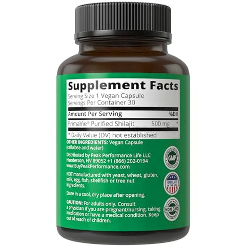 Peak Performance - PrimaVie® Cápsulas de Shilajit Puro. Suplemento Natural Clinicamente Testado com 40 Minerais Traços e Ácido Fúlvico. Suporte para Mitocôndrias