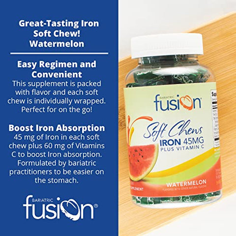 Iron Soft Chew com Vitamina C | Sabor Melancia | Vitamina Mastigável para Pacientes Bariátricos | Sem Glúten | Suplemento de Ferro para Mulheres e Homens | 60 Unidades | 200g - Bariatric Fusion