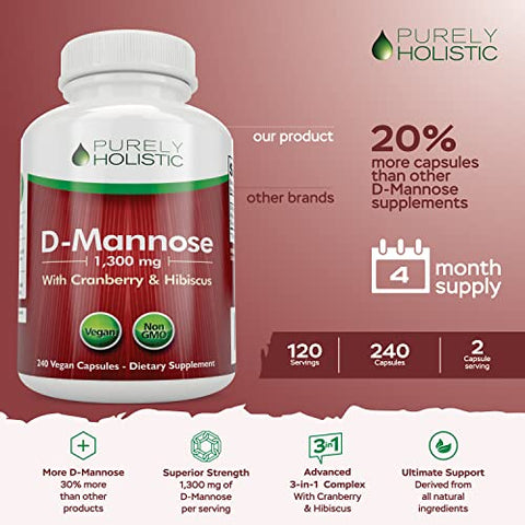 Purely Holistic - D Mannose 1300mg – Cápsulas 3 em 1 com Cranberry – Fórmula D-Mannose – 60 cápsulas