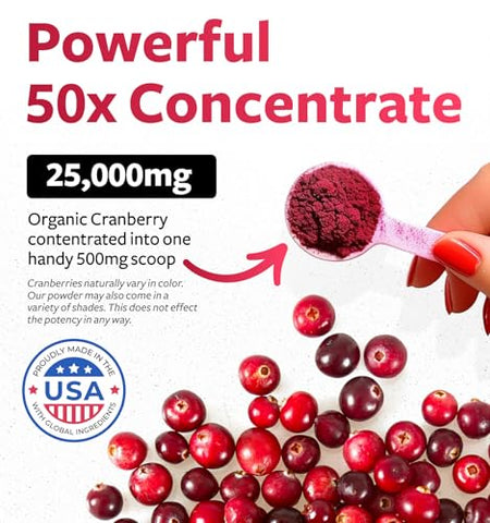 PURE CO - Concentrado de Cranberry Orgânico USDA (50:1) em Pó – 500mg Equivale a 25.000mg de Cranberries Frescos – Limpeza Renal