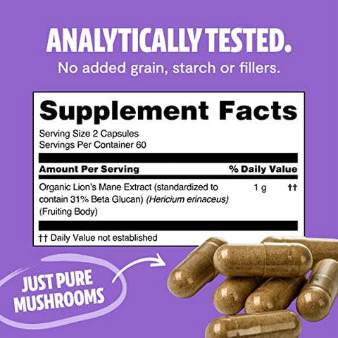 FreshCap Mushrooms - FreshCap Lions Mane – Cápsulas de Suplemento Ayurvédico Orgânico USDA Premium de Cogumelos Extraídos em Dupla – Testado por Terceiros – Corpo Frutífero Inteiro – Livre de OGM, Glúten e Vegano – 100% Natural