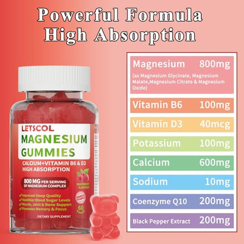 LETSCOL - Magnesium Glycinate Gummies 800mg por Porção, Suplemento de Magnésio Sem Açúcar com Magnésio Malato, Cálcio, Vitamina D3, B6, CoQ10 para Suporte Calmante