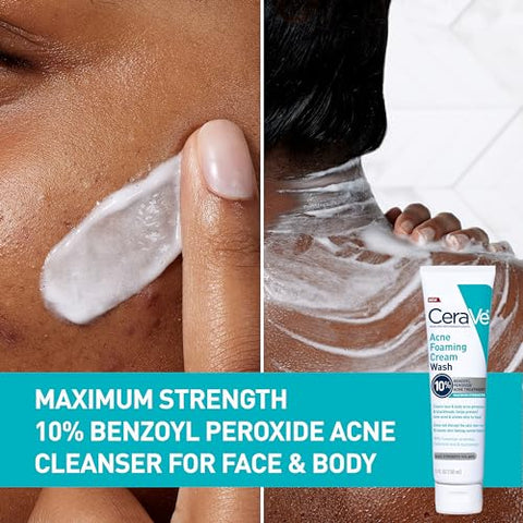 Creme de Limpeza Espumante para Acne | Suave para Rosto e Corpo com Ácido Salicílico 10%%, Ácido Hialurônico e Niacinamida | Tratamento para Acne que Elimina Espinhas, Cravos - CeraVe