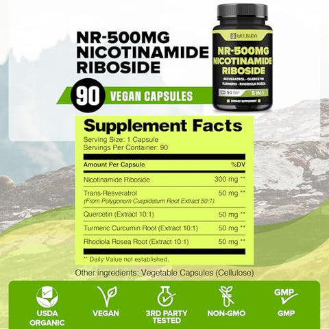 WELBUDA - NAD Nicotinamide Riboside com Resveratrol, Quercetina, Cúrcuma, Rhodiola Rosea – Produção Celular, Vitalidade Geral, Saúde do Envelhecimento – 90 Cápsulas para 90 Dias