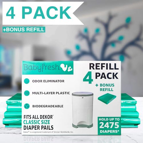 Baby Fresh - Refis Compatíveis com DEKOR Classic Diaper Pails 4 Pack + 1 Extra Exclusivo 30%% Mais Espessura Sacos de Reposição para Lixeira de Fraldas com Poderosa Eliminação de Odores e Fragrância Fresca em Pó | Marca DEKOR