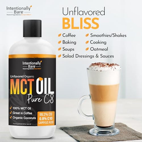 Óleo MCT C8 Puro Intentionally Bare Orgânico – Brain Octane C8 MCT para Keto Paleo