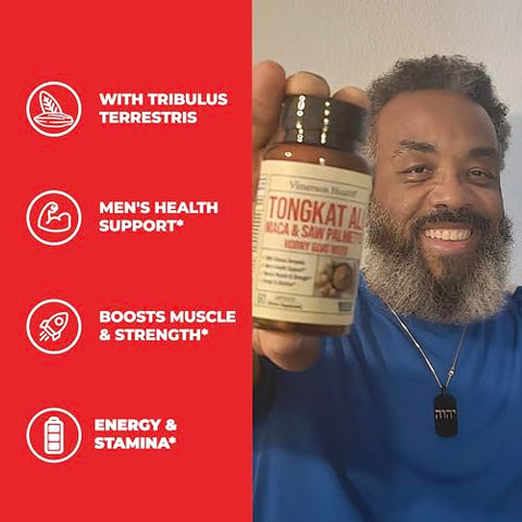 Vimerson Health - Tongkat Ali para Homens – Suporte Saudável à Testosterona. Suplementos Energéticos Equilibrados para Homens com Horny Goat Weed, Maca em Pó, Tribulus Terrestris, Extrato de Saw Palmetto