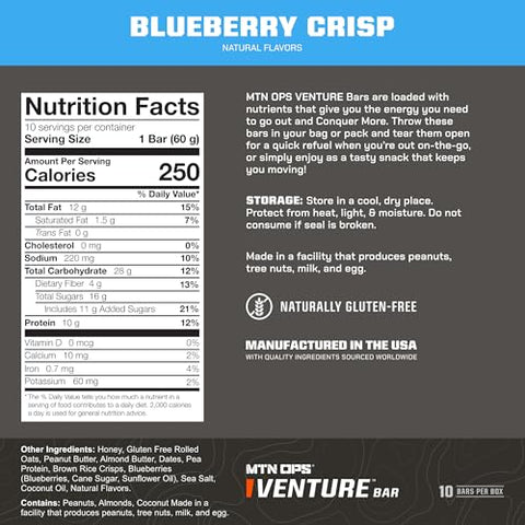 Venture Bar | Barra Energética Blueberry Crisp | 10g Proteína Sem Glúten Rica em Nutrientes à Base de Amendoim | 10 Barras por Caixa - MTN OPS