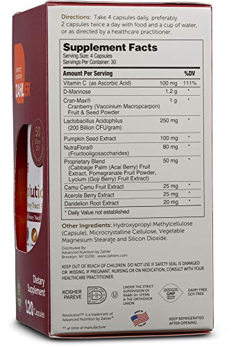 UT Revolution: Concentrado Natural de Cranberry com D-Manose e Probióticos, Certificado Kosher, 120 Cápsulas - Zahler
