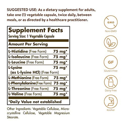 SOLGAR - Solgar Essential Amino Complex – 60 Cápsulas Vegetais – Aminoácidos Essenciais em Forma Livre – Não-OGM, Vegano, Sem Glúten, Sem Laticínios, Kosher – 60 Porções