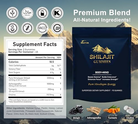 DLNIA - Shilajit Gummies com Ashwagandha e Cúrcuma – Orgânicos, Zero Açúcar | Marca: Shilajit Gummies