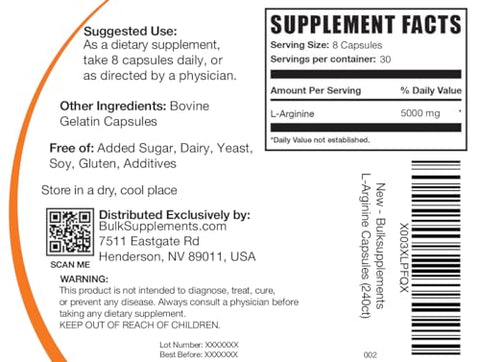 com L-Arginine 5000mg Cápsulas – Suplemento de Arginina, Óxido Nítrico, Sem Glúten, 8 Cápsulas por Porção, 240 Cápsulas (Pacote de 1) - BulkSupplements