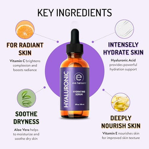 Soro Facial Eve Hansen Ácido Hialurônico (60 ml) | Hidratante com Vitamina C E, Preenchedor de Rugas, Hidratante e Preenchedor Natural | Cruelty Free, Vegano – Soro Anti-Envelhecimento