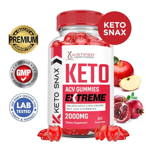 Justified Laboratories - Keto Snax Gummies Extreme 2000MG ACV com Pó de Romã e Beterraba B12 Vegan Non GMO 60 Gummys
