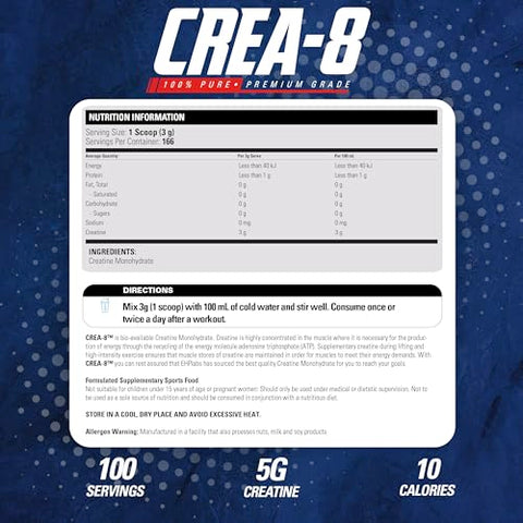CREA-8 Pó de Monohidrato de Creatina – Suplemento para Crescimento Muscular, Aumento de Força, Energia Aprimorada e Performance Melhorada – Sem Sabor – 100g - EHP Labs