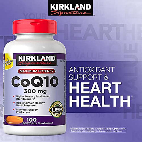KIRKLAND - Kirkland Signature CoQ10 300 mg – 100 Softgels (3 Pack) | Potente Antioxidante para Saúde do Coração | Embalagem Triplo