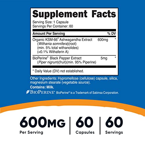 KSM-66 Extrato de Raiz de Ashwagandha 600mg, 60 Cápsulas Vegetais – 5%% Withanolides – com BioPerine – Extrato de Raiz de Espectro Completo - Nutricost
