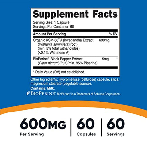 KSM-66 Extrato de Raiz de Ashwagandha 600mg, 60 Cápsulas Vegetais – 5%% Withanolides – com BioPerine – Extrato de Raiz de Espectro Completo - Nutricost