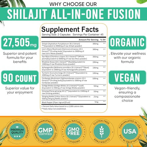Adndale - Shilajit Puro do Himalaia Orgânico. 11 em 1 para Homens. Cápsulas de Shilajit com Sea Moss, Ashwagandha, Rhodiola Rosea, Panax Ginseng, Cúrcuma e Lion’s Mane