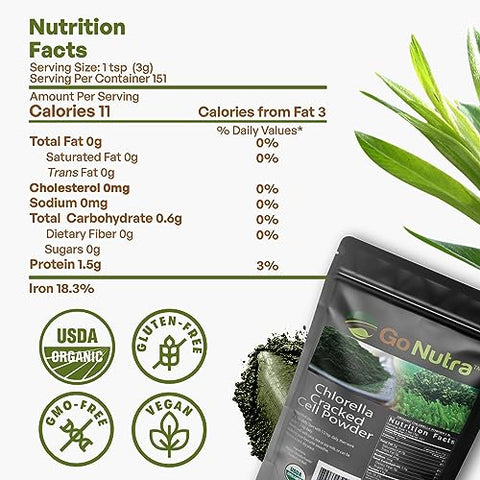 Pó de Chlorella, Pó de Verdes Puros com Vitaminas, Minerais e Antioxidantes, Pó de Super Alimento Natural de Verdes, Pó Verde de Células de Chlorella Quebradas, Não-OGM, 100g - Go Nutra