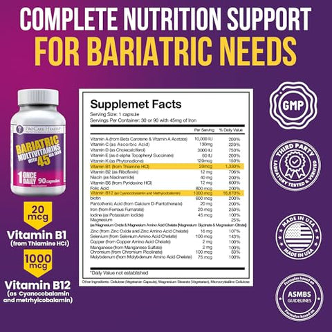 Multivitamínico Bariátrico com Ferro 45mg (90 Cápsulas Fáceis de Engolir) – Vitaminas Pós-Operatórias para Bypass Gástrico e Sleeve, Recuperação Sustentável - ProCare Health
