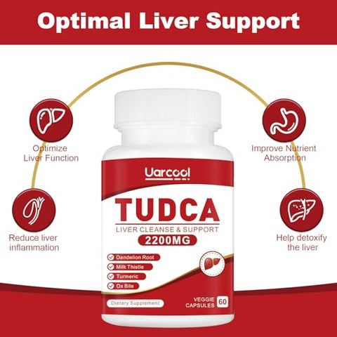 Uarcool - TUDCA 2200MG: Suporte ao Fígado, Desintoxicação e Saúde Digestiva – Ácido Tauroursodeoxicólico com Bile de Boi, Enzimas Digestivas – Não-OGM