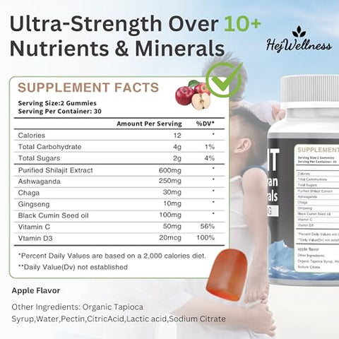 HejWellness - Gummies de Shilajit Orgânico – Puro Shilajit Himalaia com 85 Minerais Traços, Ácido Fúlvico | Marca: Organic Shilajit