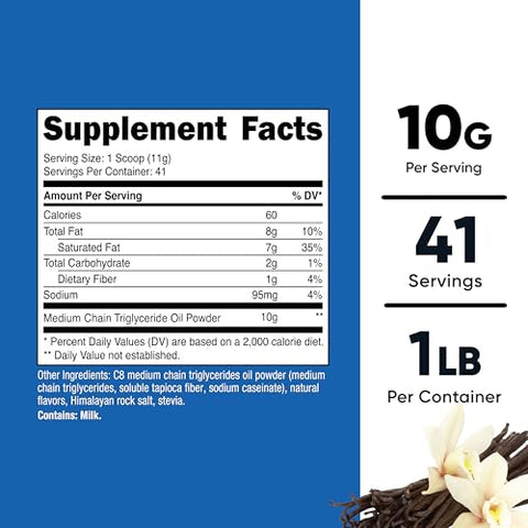 C8 MCT Oil Powder 454g (16oz) Sabor Baunilha – 95% C8 MCT Oil Powder, Melhor para Dietas Keto, Não-OGM, Sem Glúten - Nutricost