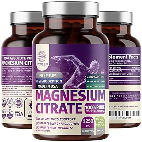 Number One Nutrition - Cápsulas de Citrato de Magnésio Puro 1250mg, Mineral Traço Purificado e de Fácil Absorção para Suporte Muscular e Digestivo, 120 Caps