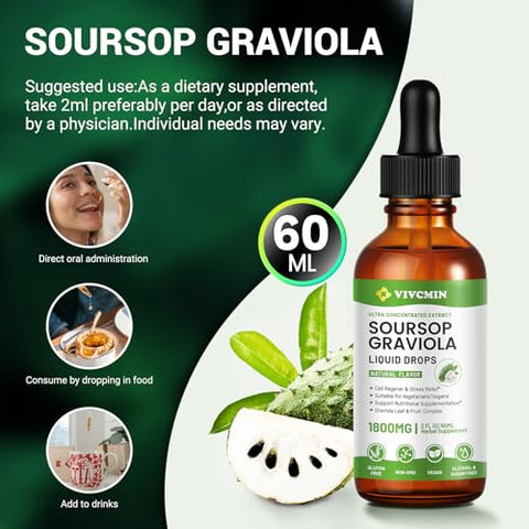 vivcmin - Extrato Líquido de Folha de Graviola Soursop Orgânico – Amargo de Soursop Líquido, Estimulante Imunológico, Relaxante, Fígado e Sono, Vegano, Sem Açúcar