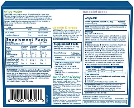 Conjunto Presente Essenciais para Recém-Nascidos Mommy’s Bliss: Água para Cólicas, Vitamina D para Bebês/Gotas para Gases e Soro Fisiológico Suave em Gotas/Spray