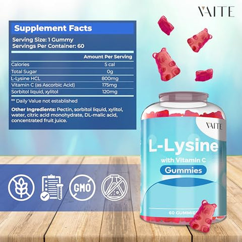 VAITE - Gomas de L-Lisina com Vitamina C – Saúde dos Tecidos para Adultos – Marca: Vitamins