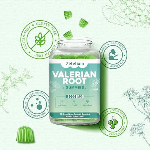 Zetelixia - Gomas de Raiz de Valeriana Orgânica 2000mg, Glicinato de Magnésio 420mg, Melissa, Camomila, Passiflora – Relaxante Natural